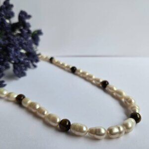 Freshwater Pearl Necklace with Tiger Eye Beads